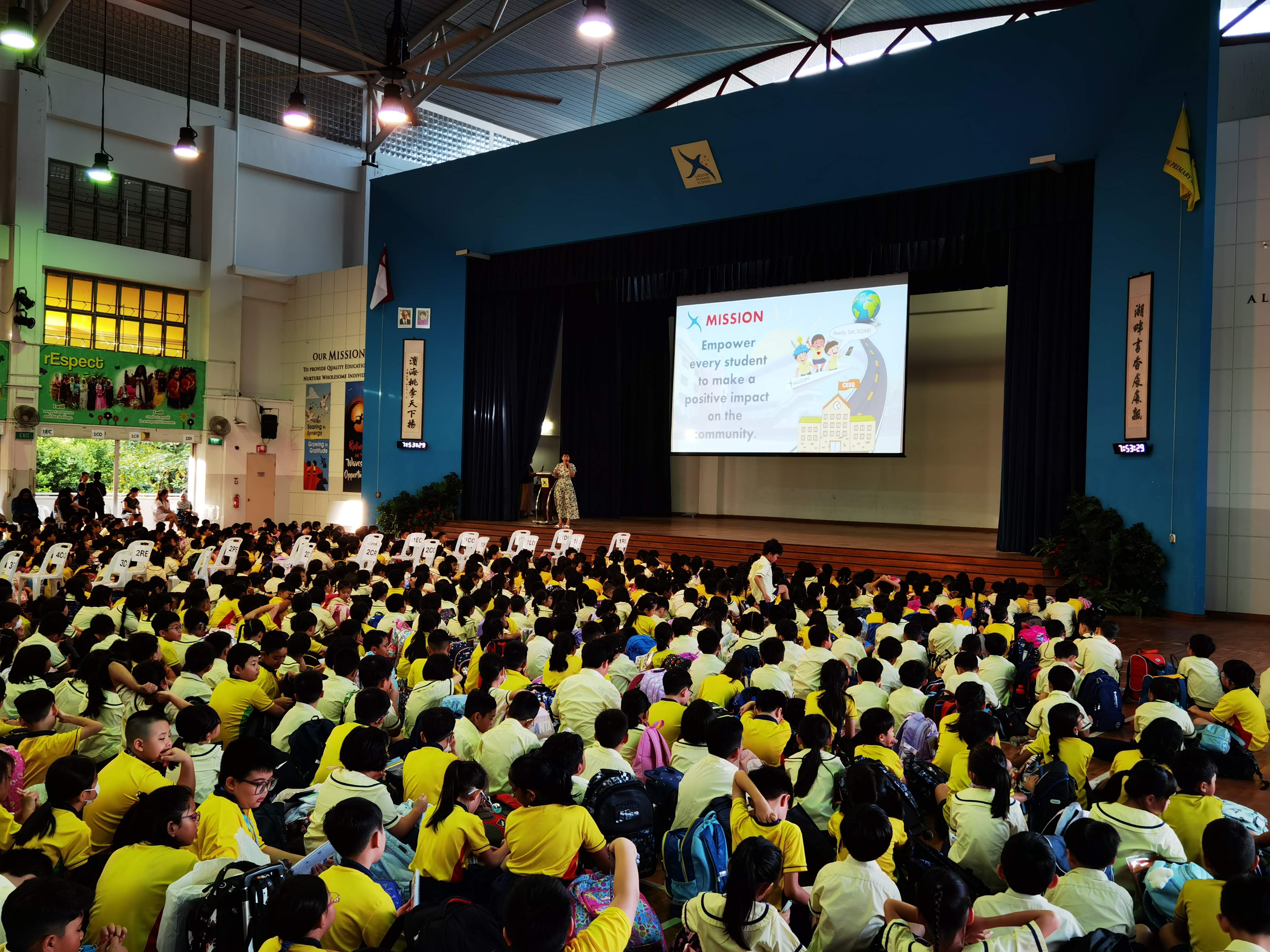 Our principal, Mrs Liang, introducing the school's vision, mission and values to the school